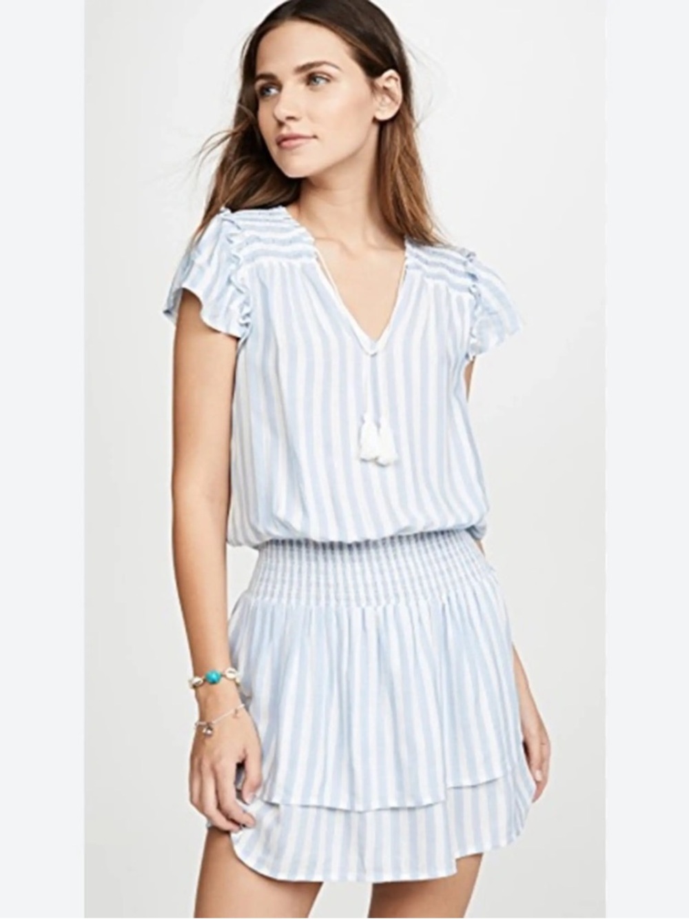 Paige Cristina Striped Tassel V-Neck Mini Ruffle Dress